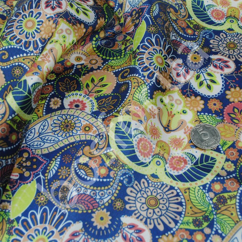 Подкладка принт 190т floral ethnic green blue Босфор Текстиль